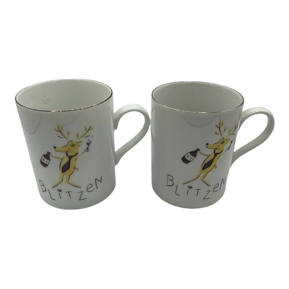 Pottery Barn Other - 2 Pottery Barn Reindeer Blitzen Coffee Mug Cups Holiday Office Party 4 1/2 Inch